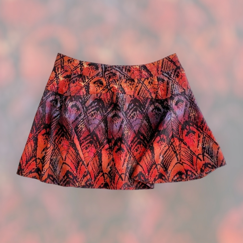 Kimchi Blue Mini Flare Skirt, Orange, Red and Purple in Peacock Print, Size 4